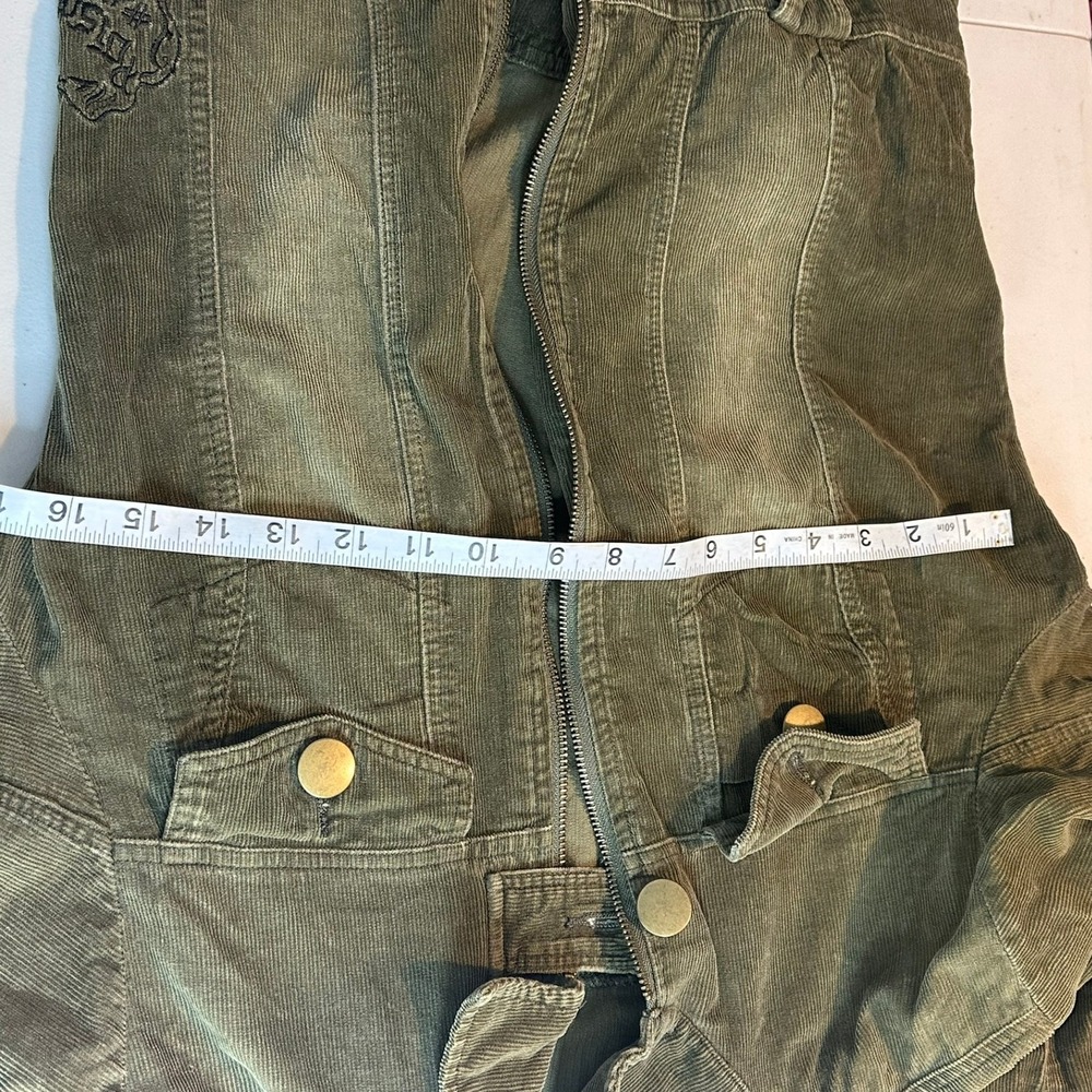 AZIZ Women Olive Green Corduroy Zip Front Jacket‎ Size Medium Embroidered Detail - Picture 10 of 11